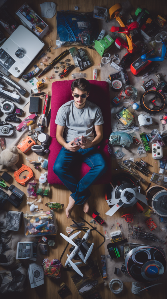 Man relaxing with phone, surrounded by tech gadgets and RC cars