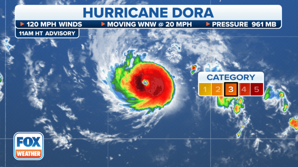 Satellite view of Hurricane Dora displaying wind patterns and intensity