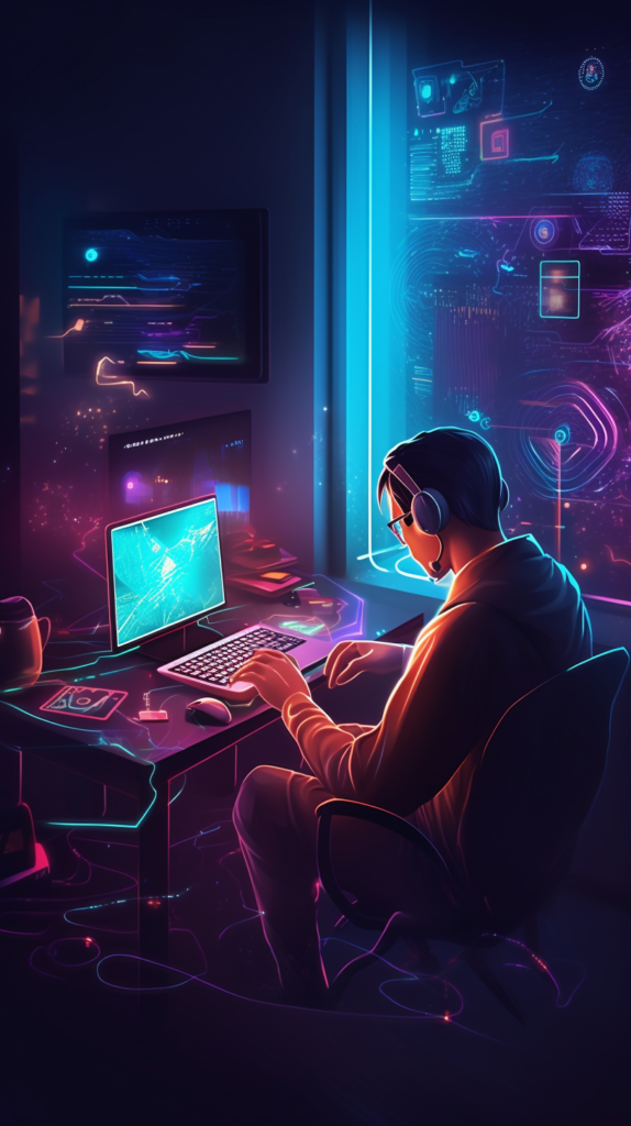 Futuristic cyberpunk digital art with a person at a computer